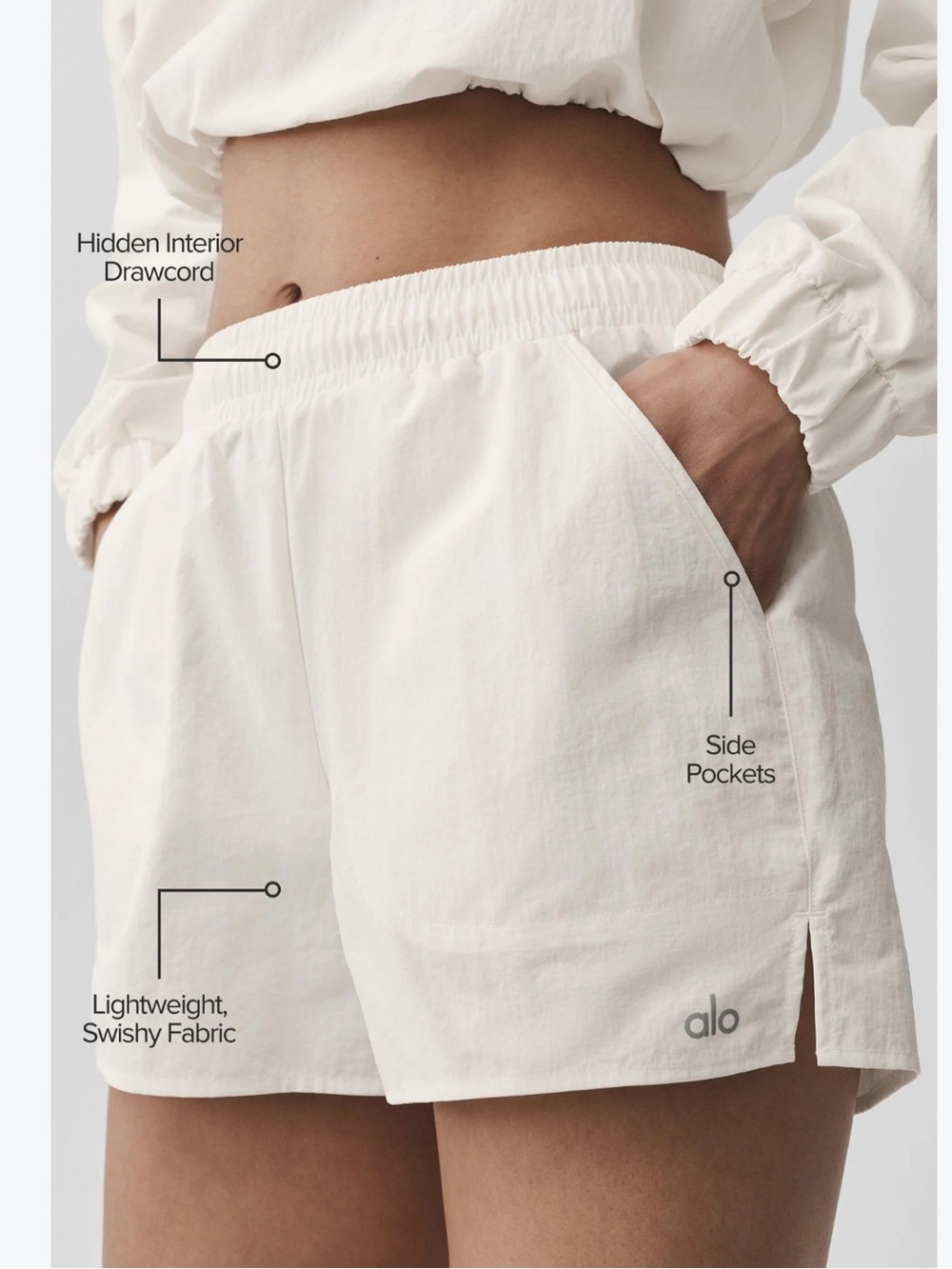 ALO White Alumni Shorts with Side Pockets